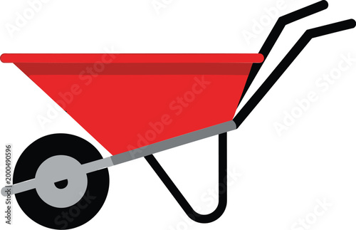 Red wheelbarrow, gardening tool, construction equipment, vector icon