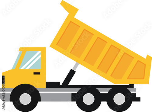 Yellow dump truck, vector illustration, heavy duty vehicle, construction equipment