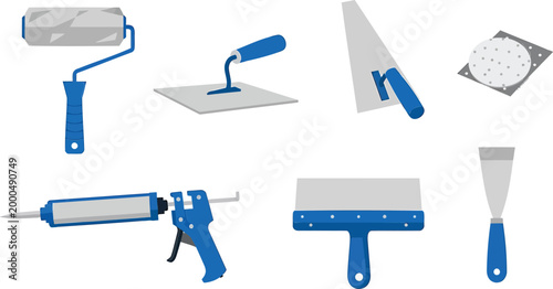 Painting tools, blue handled, putty knives, rollers, trowels, construction equipment, DIY, renovation, painting supplies
