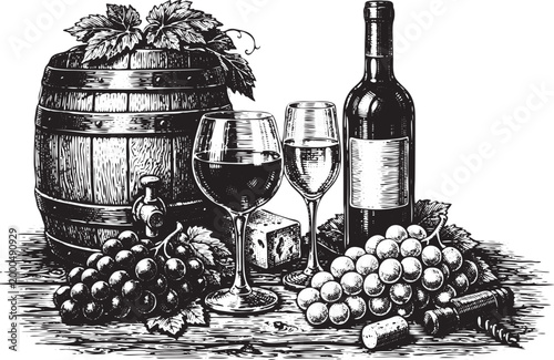 Wine still life engraving