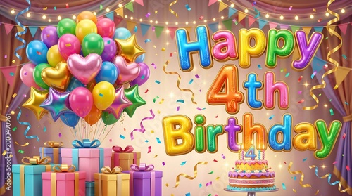 Bright Party Scene Happy 4th Birthday Text with Balloons Confetti Lights Cake and Gift Boxes