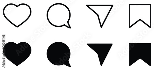 Like, comment, share, and save icon vector graphic for social media interface design, including love reaction heart, messaging speech bubble, paper plane sharing symbol, and favorite save marker