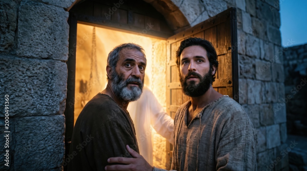 Fototapeta premium Two bearded apostles leaving prison after divine liberation by an angel. Biblical scene based on Acts 5. Dramatic escape from jail at night. Historic narrative for religious storytelling.