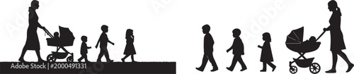 Silhouette Vector of a Mother Pushing a Baby Stroller Followed by Her Young Children Walking in a Row Isolated on White Background