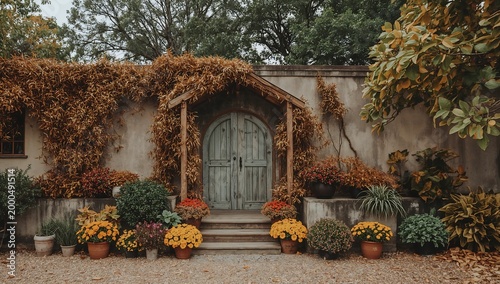 Rustic wooden door surrounded by autumn foliage, climbing ivy, and potted flowers. Cozy autumn garden, enchanted fairy tale garden entrance with vintage arched door decorated for fall season.
