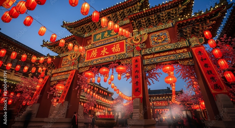 Fototapeta premium vibrant chinese temple gate with red lanterns at dusk