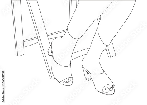 Minimalist line art illustration of woman's legs wearing stylish heeled sandals. Perfect for fashion, footwear, or lifestyle-related designs and icons. Clean black outline on white.