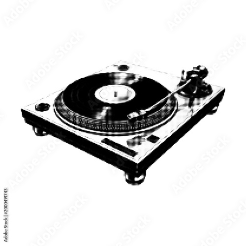 Vinyl record player in monochrome halftone style, dotted texture illustration of a turntable with tonearm, music and retro audio concept, isolated on white background.