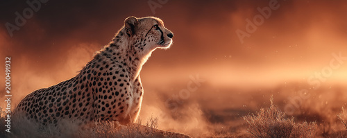 majestic cheetah with hopeful intense gaze sitting in warm golden heat haze