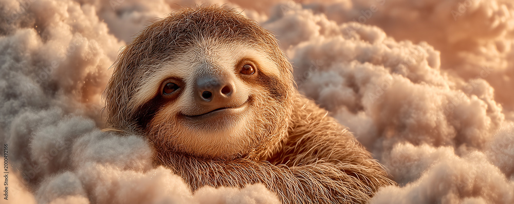 Fototapeta premium blissful smiling three toed sloth hanging contentedly in soft pastel mint green clouds