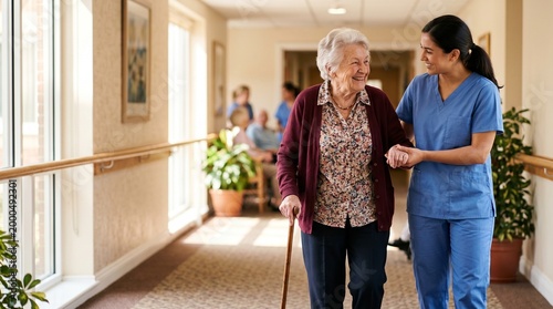 Walking Hand-in-Hand: A touching scene captures a caregiver assisting a senior woman as they walk down a sunlit hallway, embodying care and support. 