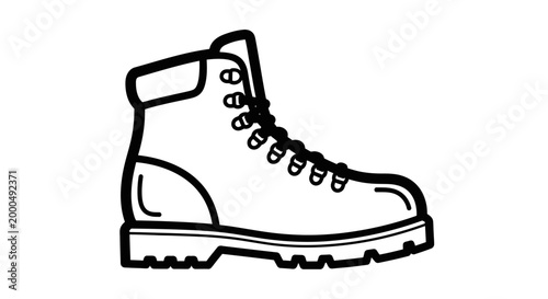 Work boot illustration in black and white, featuring laces and rugged sole for outdoor and hiking use. Isolated design.