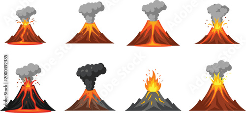 Volcano Eruption Icon Set with Lava Explosion Smoke and Fire Mountain Variations Natural Disaster Illustration for Geology Education and Hazard Warning Design
