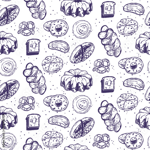 Pattern hand drawn line art illustration flat bakery products like sourdough bread, bundt cake, pretzels, and donuts. Trendy food background for kitchen textile, cafe menu, or wrapping paper.
