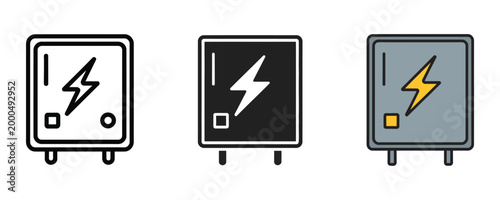 Electrical panel icon, power distribution graphics, circuit breaker box symbols, industrial energy control concept, vector illustration