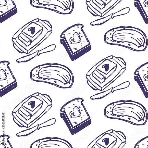 Pattern hand drawn line art illustration flat. toast bread with hearts and butter with a knife. slices spread with butter. Trendy bakery background for kitchen textile, cafe menu, or organic food