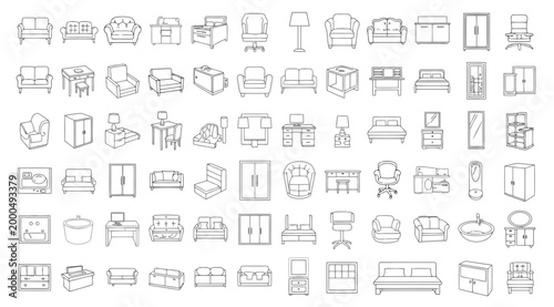 Collection of furniture icons in outline style set of interior design elements including sofas, armchairs, beds, desks, wardrobes, and lamps
