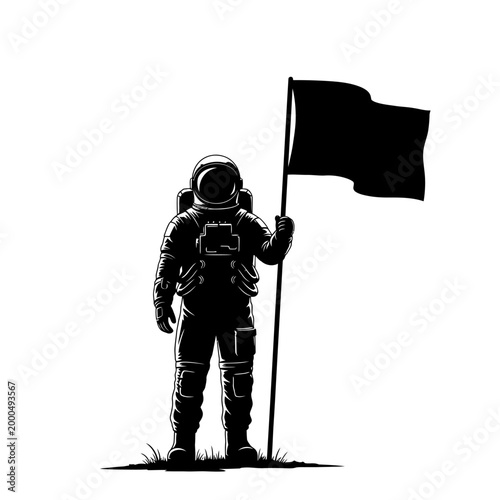 Astronaut holding black flag on alien planet, space exploration, discovery, zero gravity