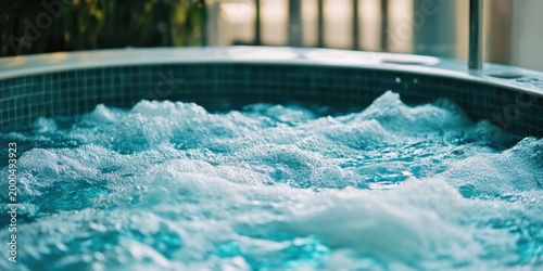 激しく泡立つジャグジーの水面。リラクゼーションとスパ施設のクローズアップ。青い水と白い気泡のテクスチャ