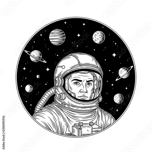 Astronaut Portrait in Space with Planets and Stars