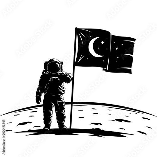 Astronaut plants flag with moon and stars on alien planet surface, space exploration