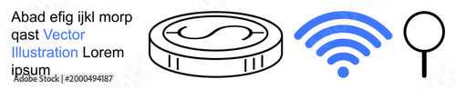 Cryptocurrency, wireless communication, internet search, digital economy, fintech, online payments. A coin, wireless symbol and magnifying glass icon. Cryptocurrency and wireless communication