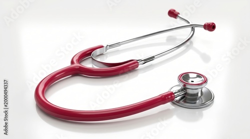 A clean, professional red stethoscope with chrome accents resting on a reflective white surface.