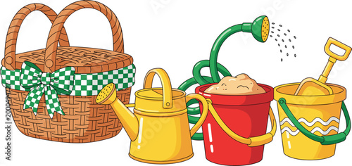 Colorful Gardening Tools Set with Watering Can, Shovel, Basket, and Buckets for Outdoor Garden and Plant Care Designs