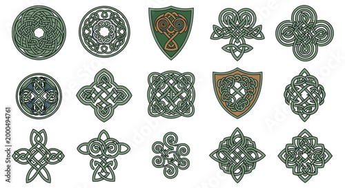 Collection of Colorful Celtic Knot and Shield Designs, Traditional Irish Tribal Symbols Set on Isolated White Background