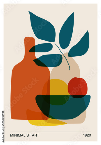 Abstract Minimalist Still Life Poster, Modern Geometric Shapes with Bottle, Leaves and Fruit, Contemporary Wall Art