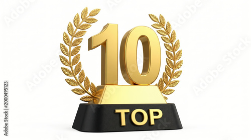 A golden trophy displaying the number 10 within a laurel wreath sits on a black base.