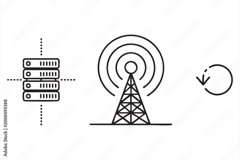 Fototapeta premium Server data sync wireless network icon, communication signal tower graphic for internet infrastructure and technology apps