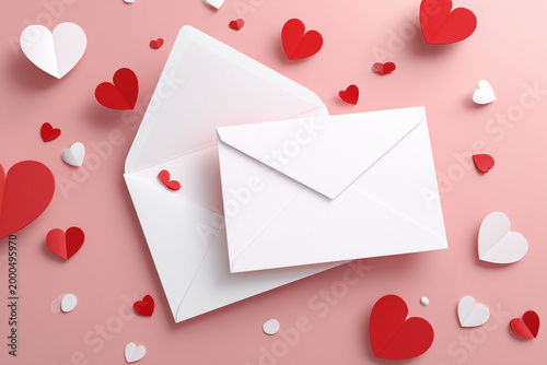 Valentine's greeting card mockup empty paper card with envelope, love background with paper hearts 