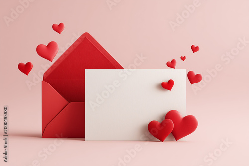 Valentine's greeting card mockup empty paper card with envelope, love background with paper hearts 