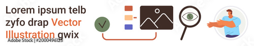 Data analysis, graphics design, research, information verification, visual content evaluation, and study material. Magnifying glass, graphs and checklist icons. Research and information verification