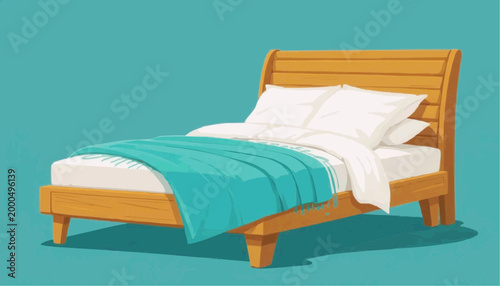 Modern wooden bed with pillows, teal blanket, flat vector, minimal style, solid colour background.vector illustration.