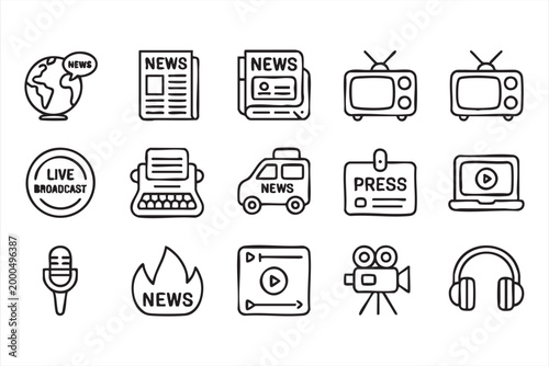 News broadcast icon set, media journalism press tv and live report symbols for online platforms and apps