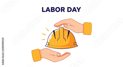 Hands protecting yellow hard hat for Labor Day illustration