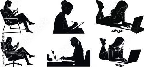 People using digital devices in relaxed poses