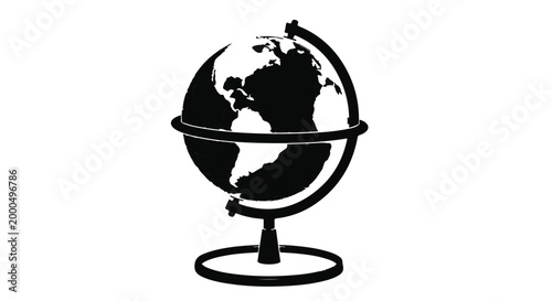 Black and white globe illustration on white background, earth map silhouette, world globe icon for global business, travel, and education concepts