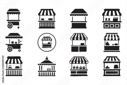 Canvas-taulu Market stall icon set, street vendor shop kiosk and food cart symbols for retail