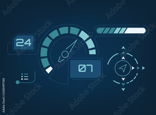 Abstract futuristic HUD dashboard speedometer, digital progress bars, and navigation icons. technology, data visualization