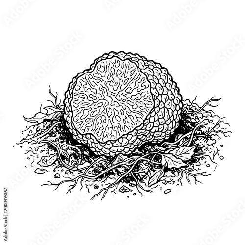 Tuber melanosporum black truffle cut section line art for fine dining packaging