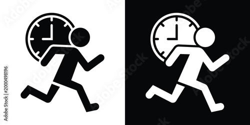 Minimalist icon of a person running in front of a clock. Represents time pressure, meeting deadlines, urgency, and fast-paced schedules. Professional graphic design for digital platforms.