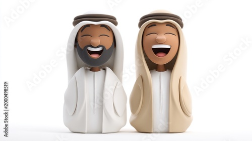 Two Cheerful 3D Arab Men Characters Laughing Heartily Together on a White Background