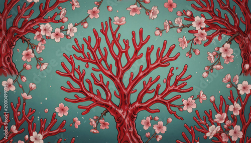 Seamless autumn nature pattern featuring a red leaf tree branch vector design with pink cherry blossom flowers and spring sakura art illustration
