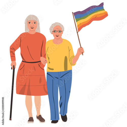 A happy adult lesbian couple on pride parade. Elderly, gray-haired women supporting LGBTQ people, celebrating love, identity, and equality. Copy space for your text. Vector illustration