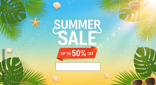 Summer sale banner, beach vacation poster with tropical island palm trees and bright sea travel design.