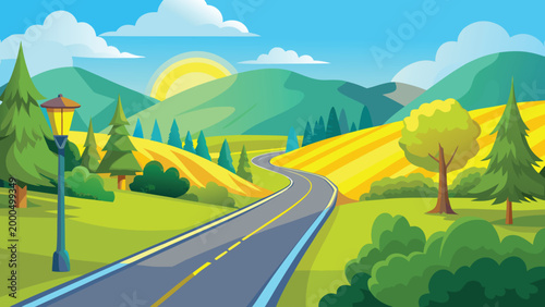winding road through colorful landscape with mountains and trees high quality professional detailed modern elegant stylish clean crisp vibrant digital creative