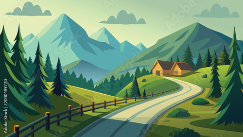 vector illustration of mountain landscape with winding road and cabin high quality professional detailed modern elegant stylish clean crisp vibrant colorful